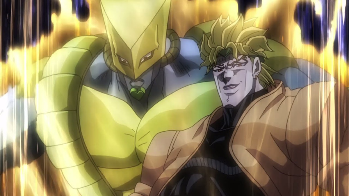 Dio Brando from JoJo’s Bizarre Adventure: Stardust Crusaders, smirking with his Stand The World behind him